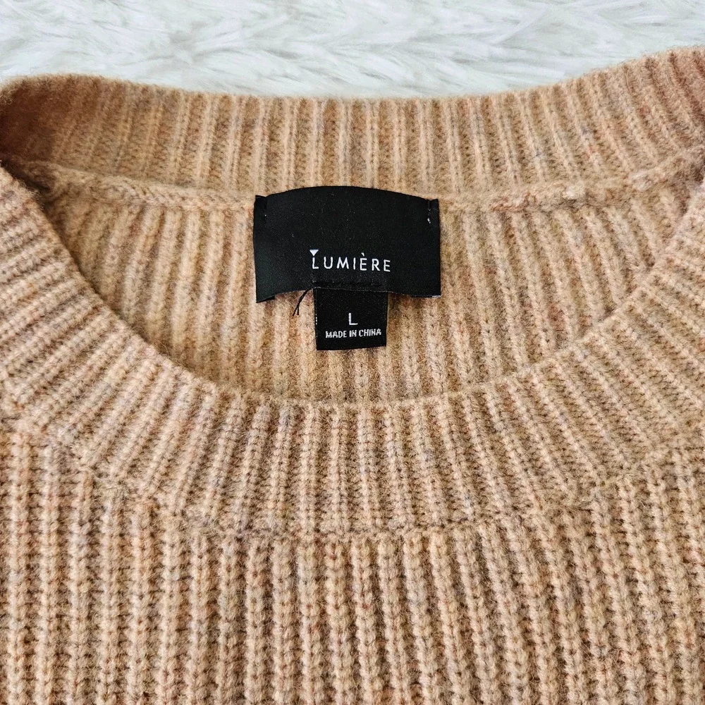 Lumiere Women's Beige Tie Back Ruffle Crewneck Long Sleeve‎ Sweater. Size L